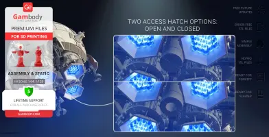 Sci-fi shuttle model with hexagonal blue lights, highlighting open/closed access hatches for 3D printing.