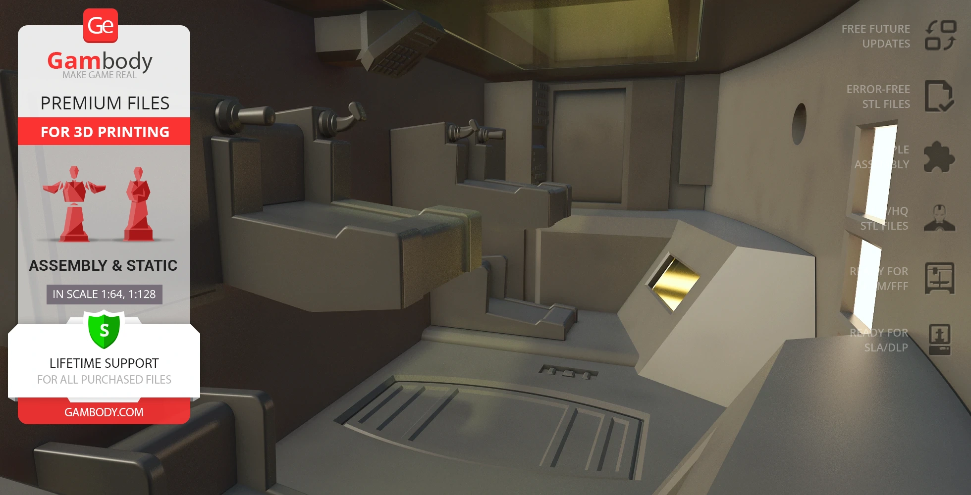 Interior view of a sci-fi Aries 1B Earth-Moon Shuttle model for 3D printing, showing control panels.