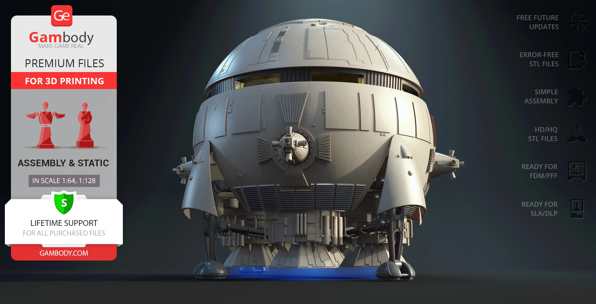 Spherical sci-fi shuttle model with landing gear and detailed surface for 3D printing.