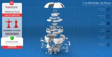 Exploded view of Aries 1B Earth-Moon shuttle 3D model for printing, with detailed parts displayed.
