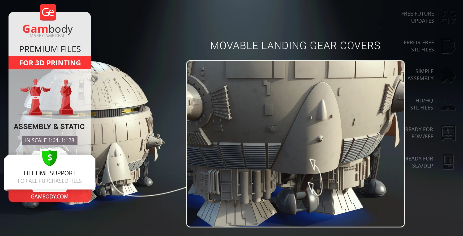 Sci-fi Aries 1B Earth-Moon Shuttle STL model with detailed landing gear, ready for 3D printing.