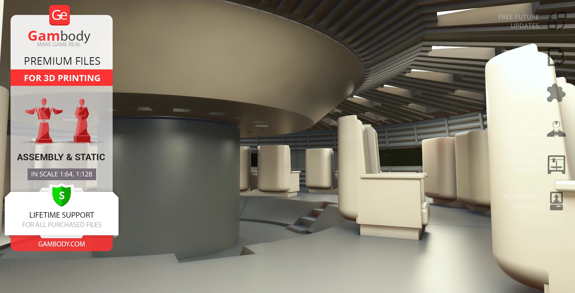 Interior of a futuristic shuttle with curved seating and ceiling panels.