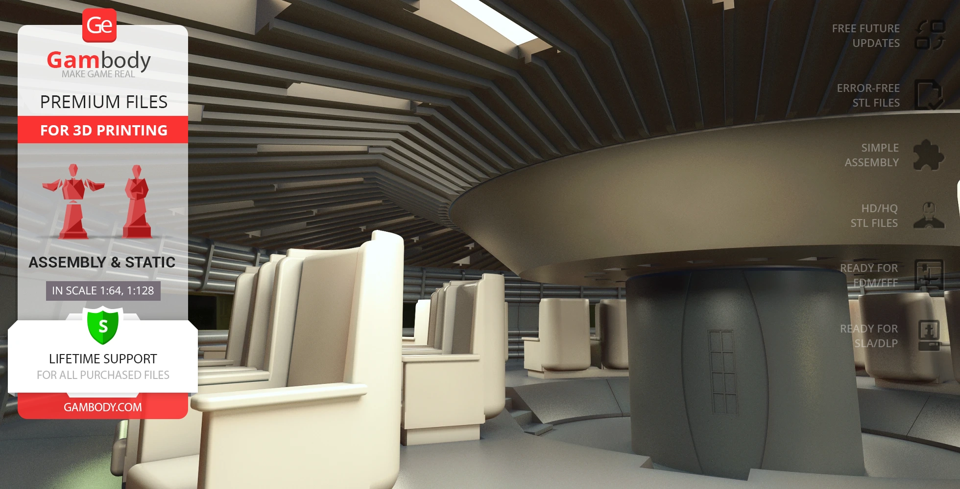 Interior of a sci-fi shuttle with rows of seats and a futuristic ceiling design.
