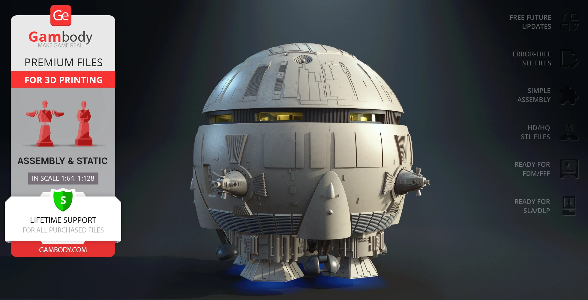 A detailed, spherical sci-fi shuttle model for 3D printing, featuring surface and window details.