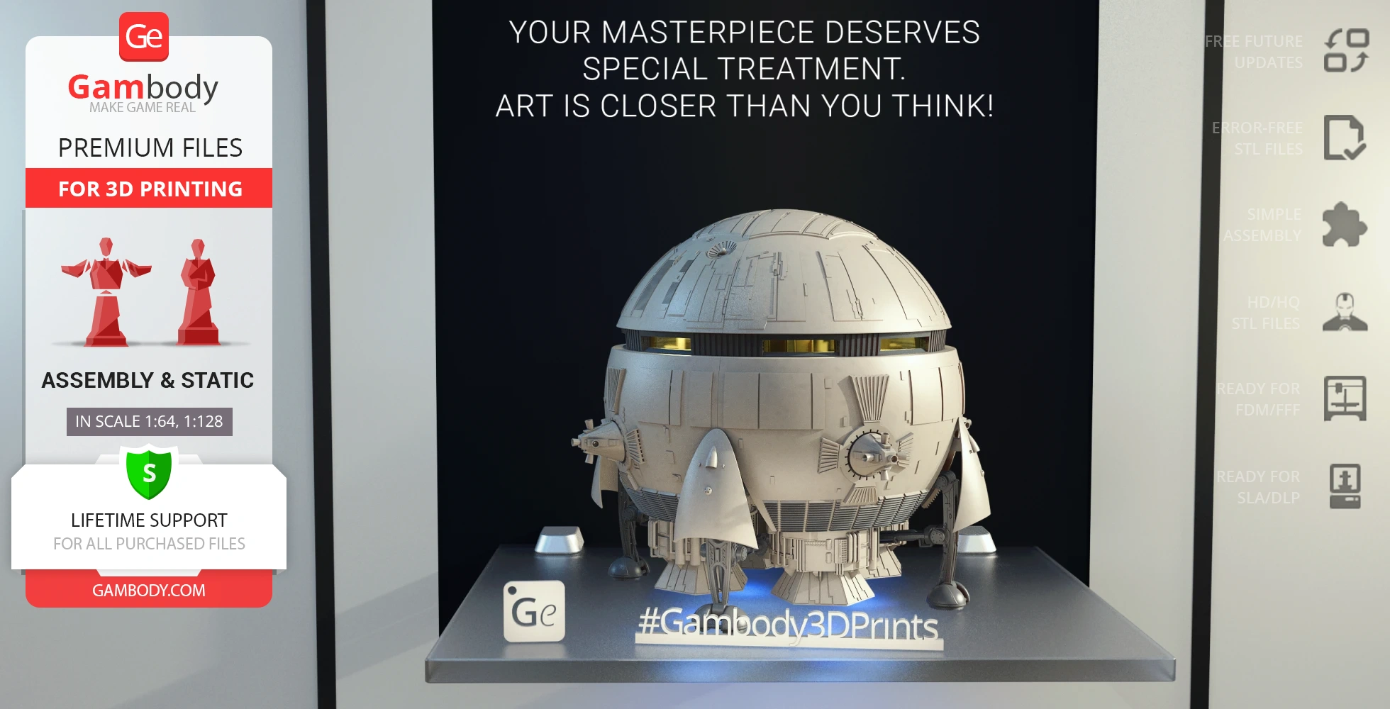 Futuristic, spherical Earth-Moon shuttle with detailed panels and rocket-like attachments on a display stand.