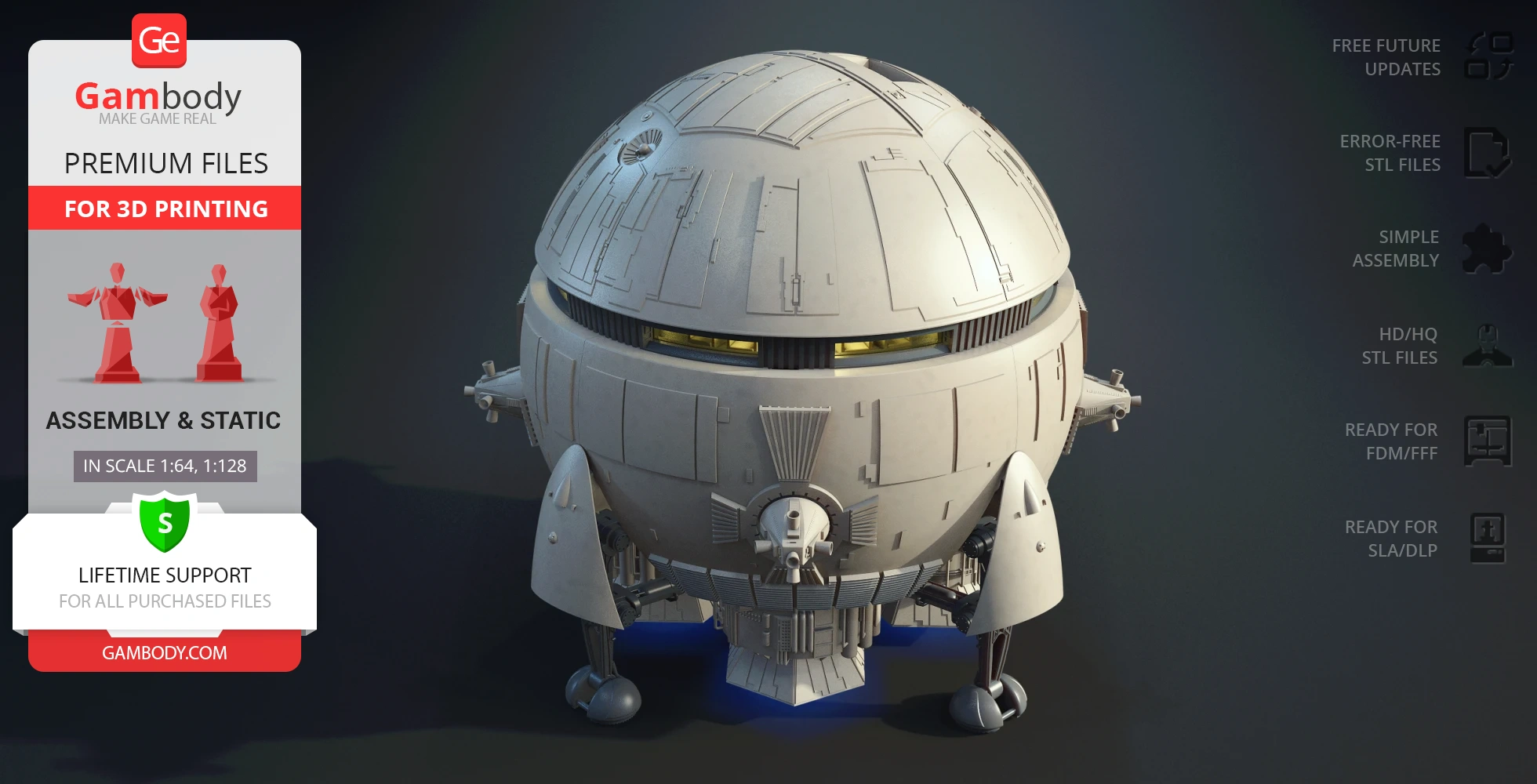 Round, detailed sci-fi shuttle model with landing gear and textured surface for 3D printing.