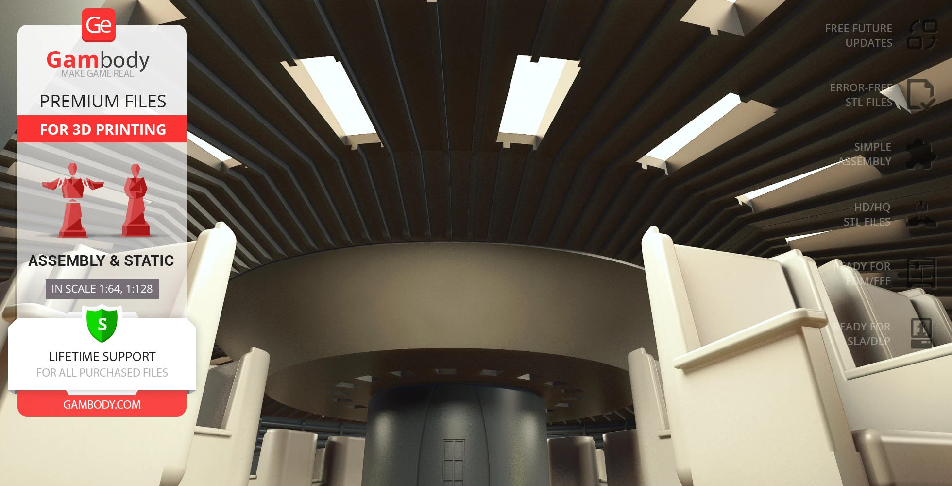 Interior view of sci-fi Earth-Moon shuttle model with detailed seating and ceiling, designed for 3D printing.