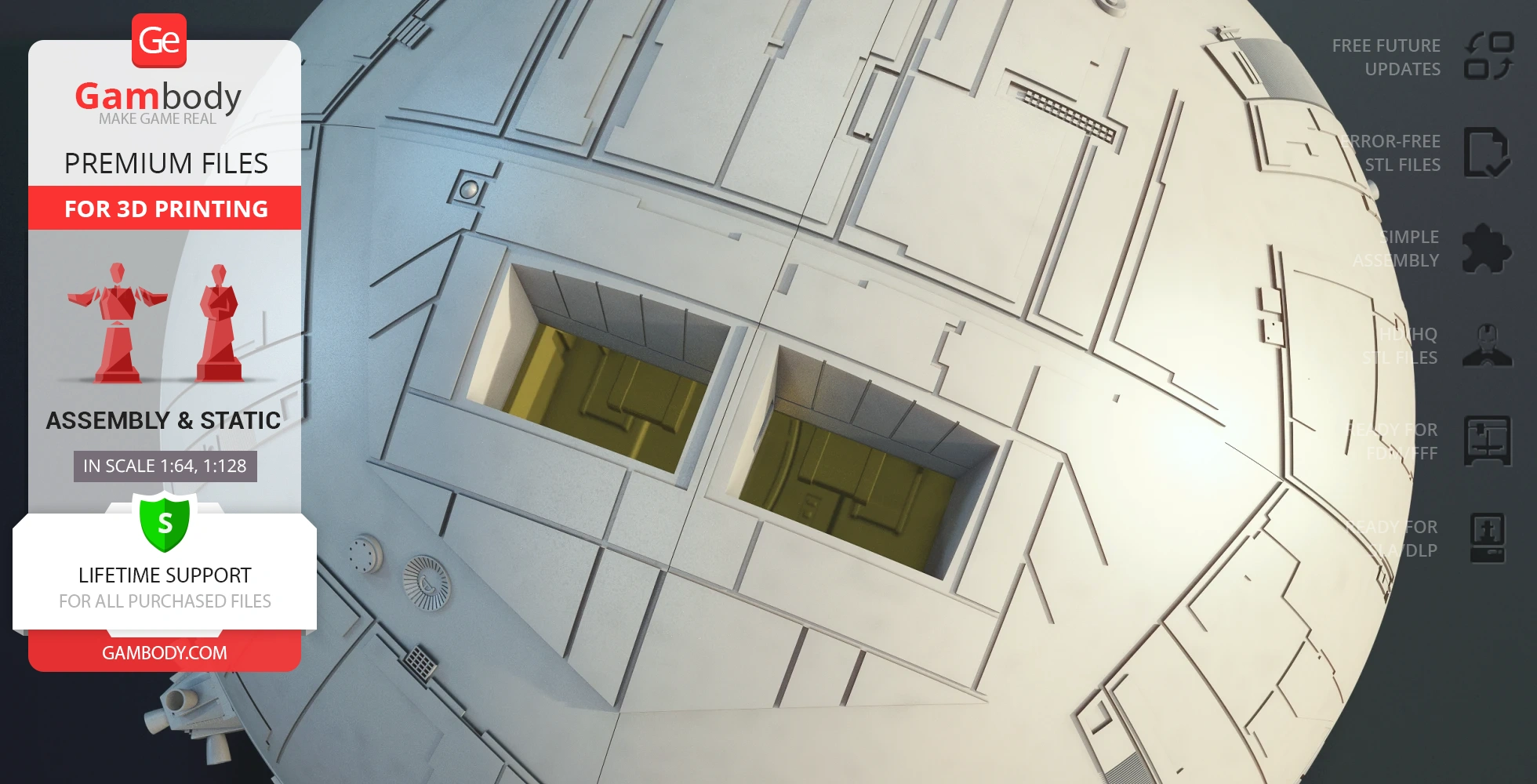 Detailed close-up of a sci-fi Aries 1B shuttle model surface with geometric patterns and recessed sections.