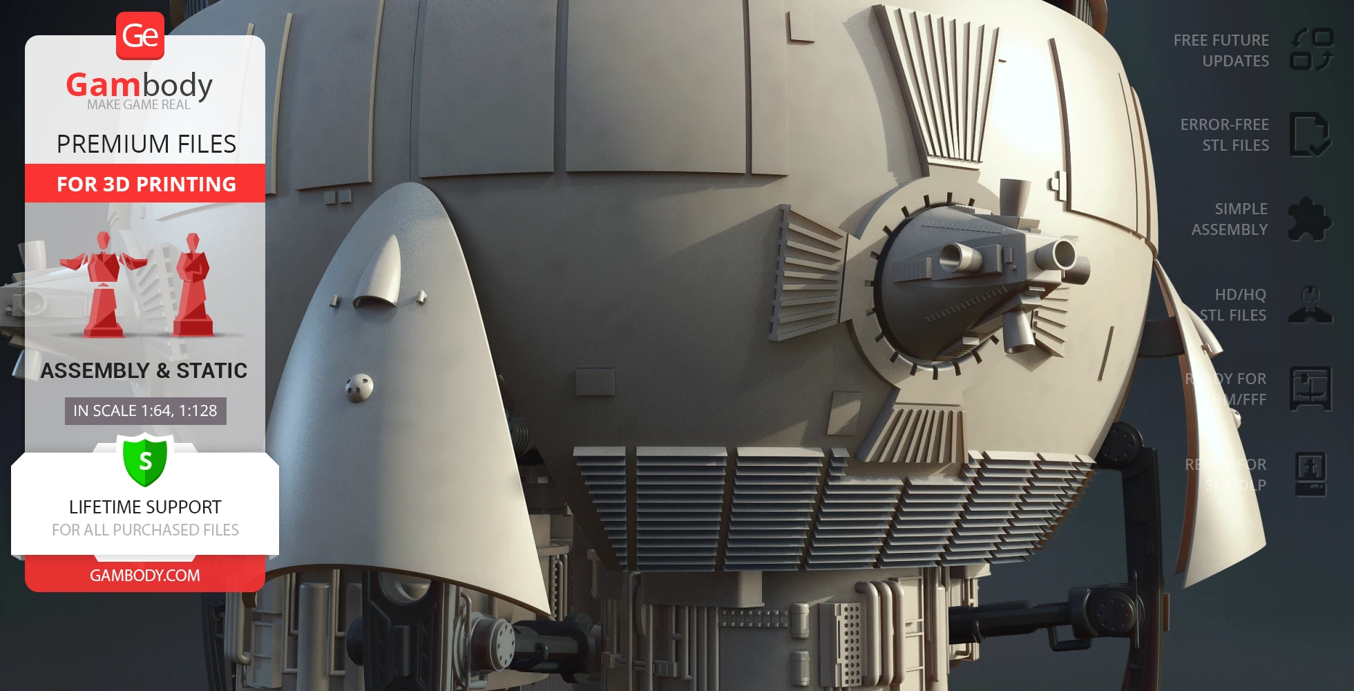 Sci-fi shuttle model with intricate detailing, designed for 3D printing, shown in partial side view.