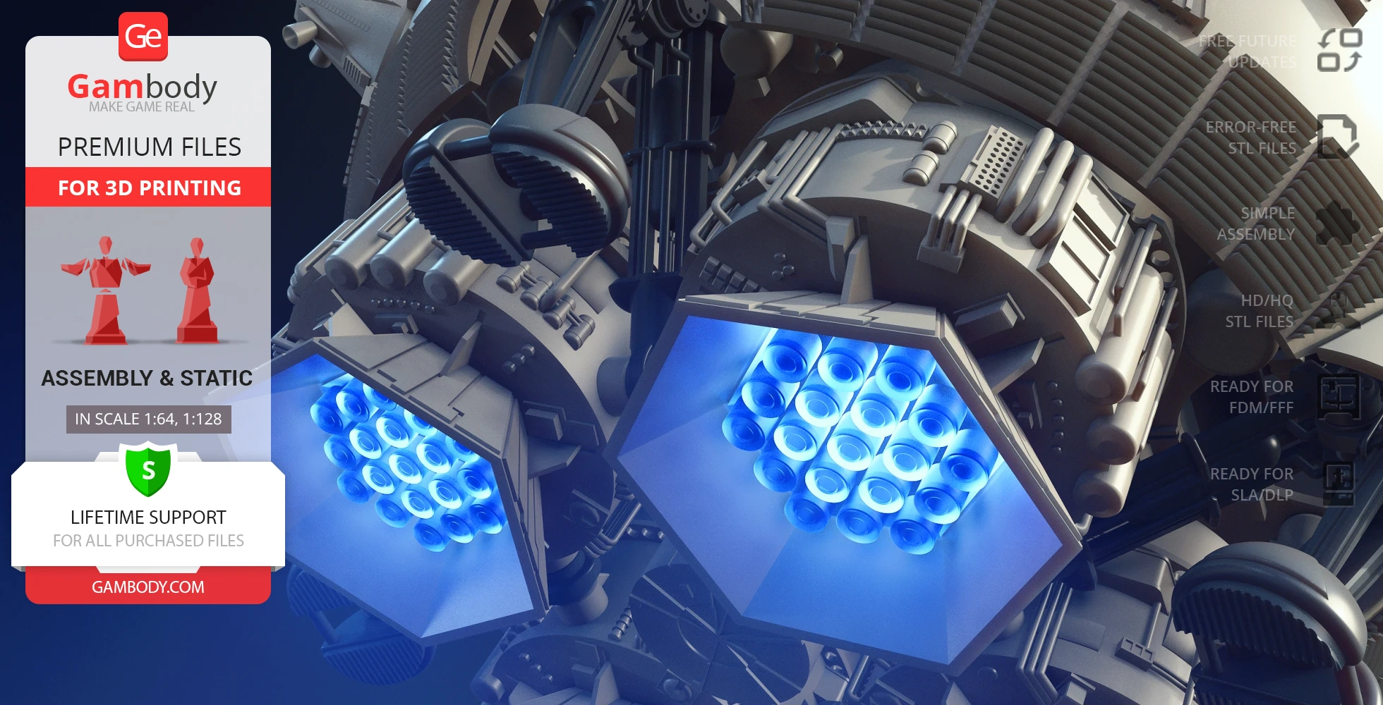 Futuristic spaceship engines with glowing blue hexagonal thrusters, detailed for 3D printing.