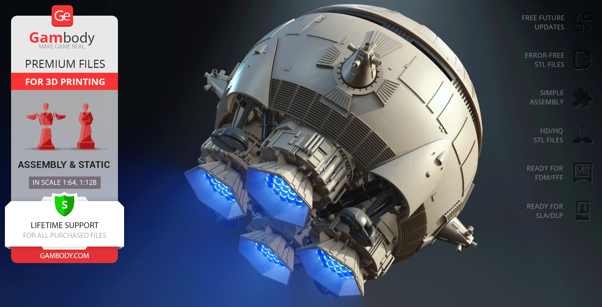 A detailed sci-fi spaceship model with blue thrusters for 3D printing by Gambody.