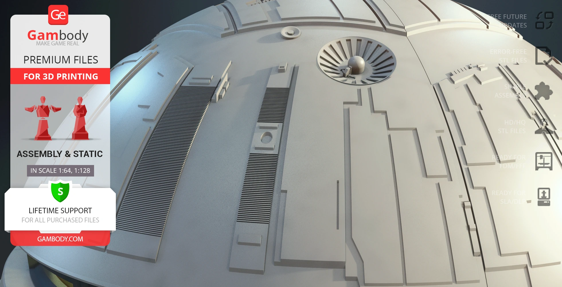 Close-up of a detailed sci-fi shuttle model with intricate surface patterns for 3D printing.