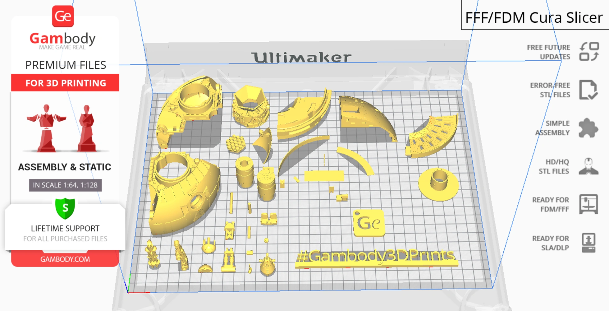 3D printed parts of a sci-fi Aries 1B Shuttle, displayed on a grid in a slicing software interface.