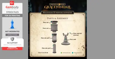 Exploded view of a pirate-themed scroll holder with labeled 3D printable parts and assembly instructions.