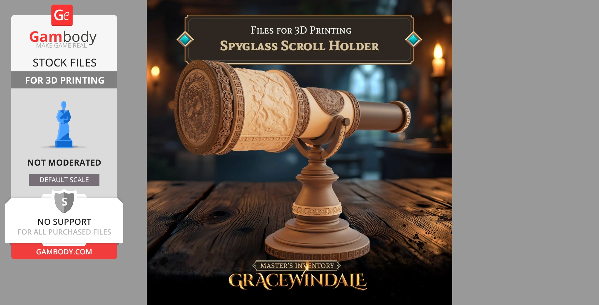 Ornate spyglass scroll holder on a wooden table, designed for 3D printing.