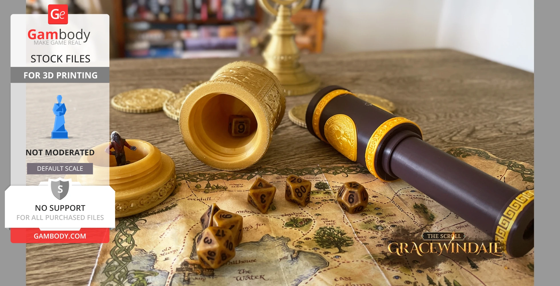 Intricately designed pirate-themed scroll holder and dice on a vintage map.