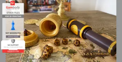 Intricately designed pirate-themed scroll holder and dice on a vintage map.