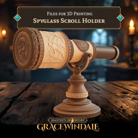 Decorative 3D pirate-themed spyglass and scroll holder on a wooden table, intricate carvings visible.