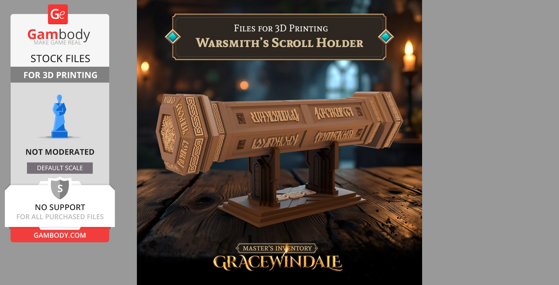 A wooden, ornate scroll holder with engraved runes, displayed on a rustic table.