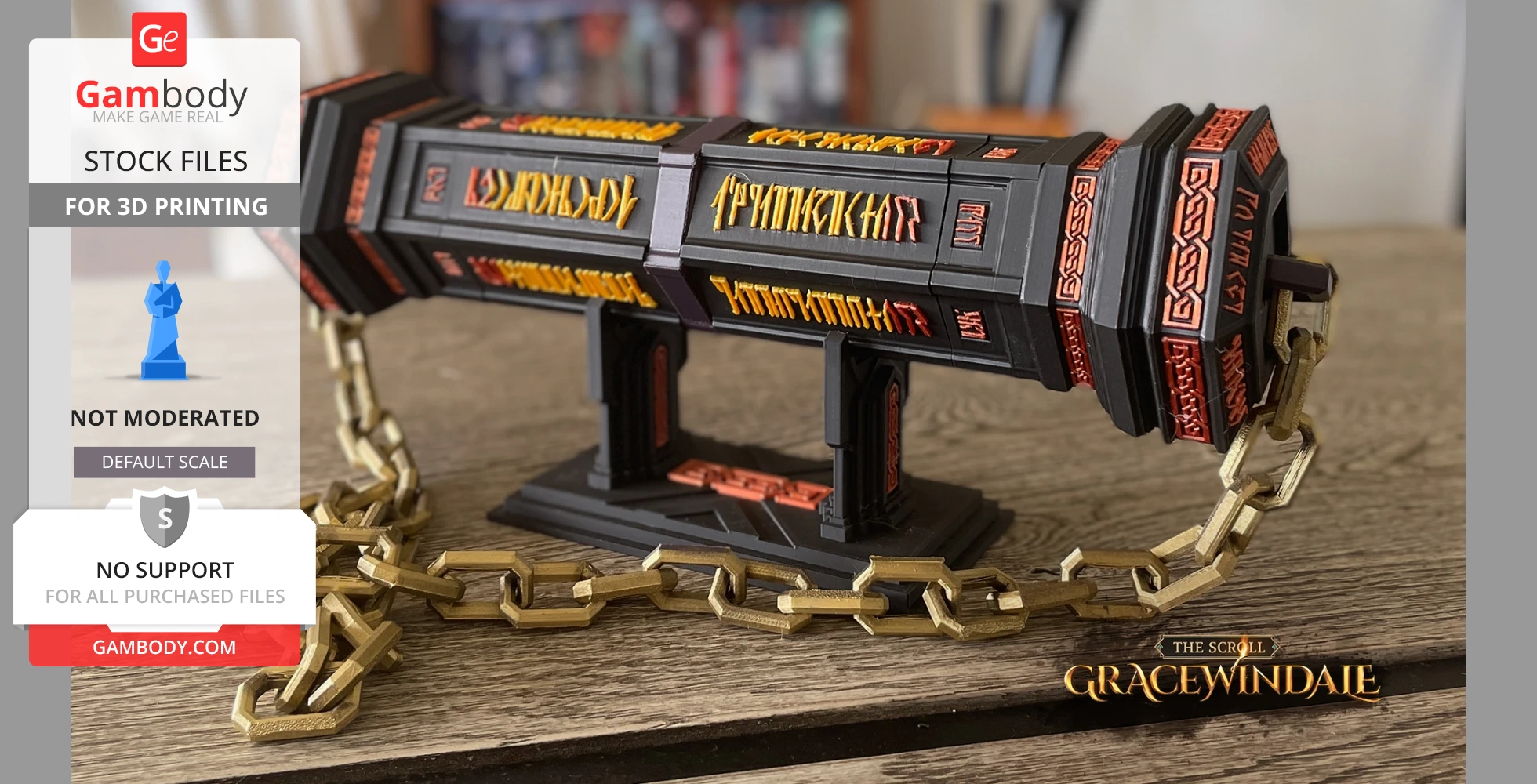 Intricate black scroll holder with red and yellow runes, flanked by gold chain links and stands.