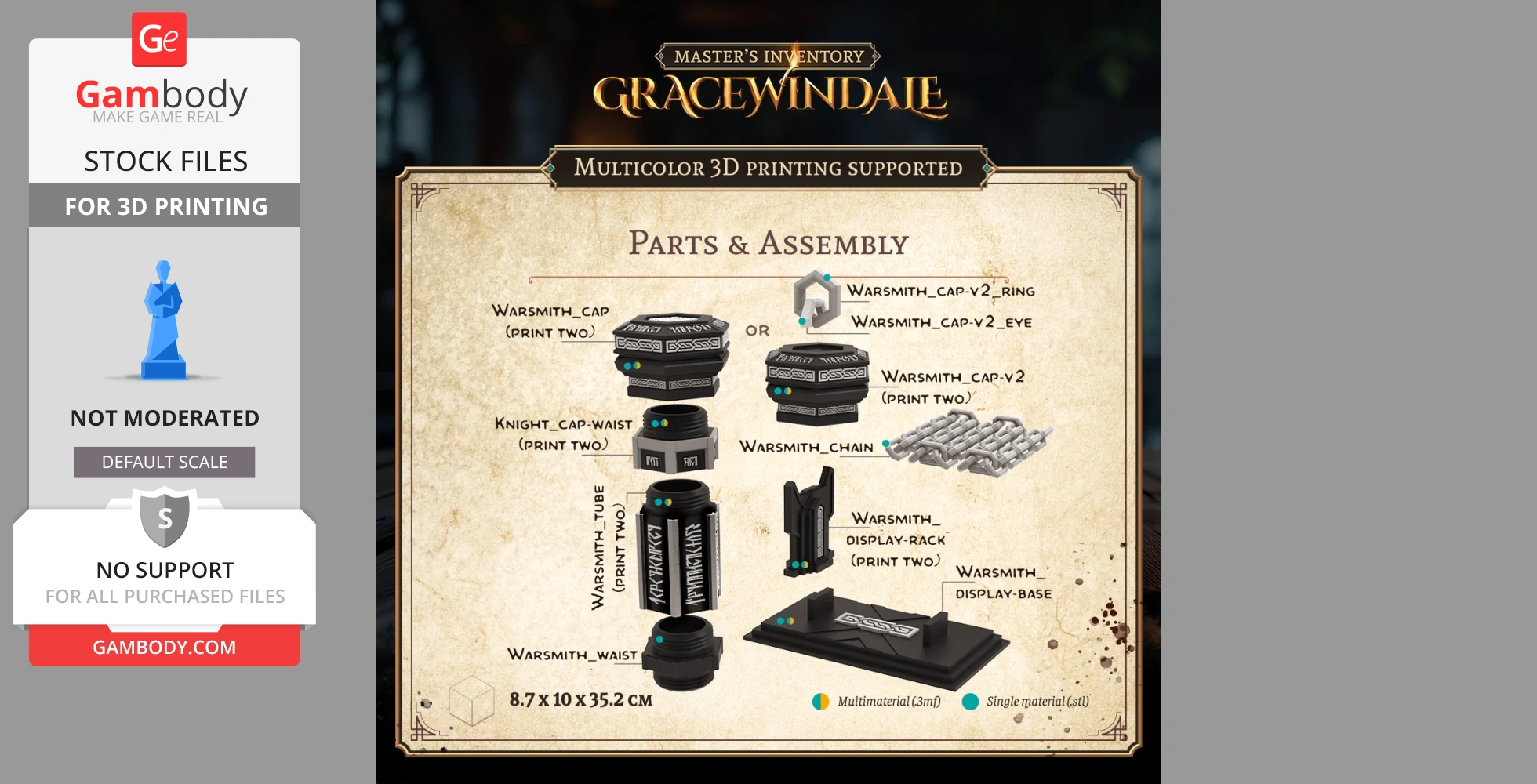 Exploded diagram of Warsmith Scroll Holder parts for 3D printing, with labels and assembly instructions.
