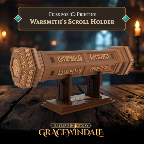 A detailed, ornate scroll holder with intricate engravings on a display stand, designed for 3D printing.