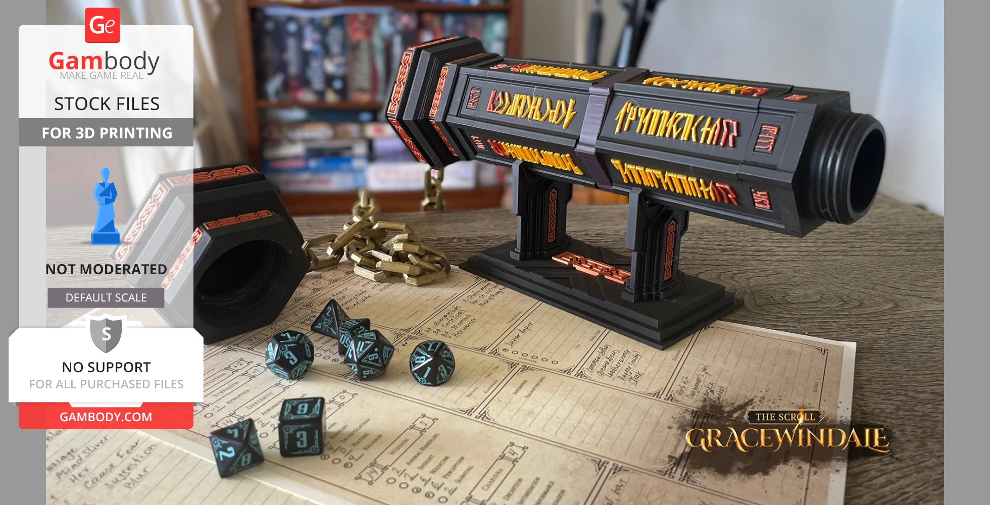 A black and red hexagonal scroll holder with ornate designs, shown with dice on a tabletop gaming setup.