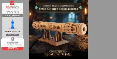 A detailed 3D model of a space-themed scroll holder with intricate designs, set on a wooden surface.