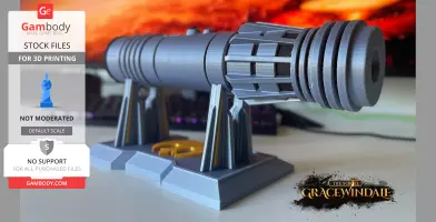 A gray, cylindrical scroll holder with intricate details, mounted on a stand, designed for 3D printing.