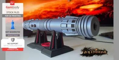 A detailed cylindrical scroll holder with ornate design, mounted on a black and red stand.