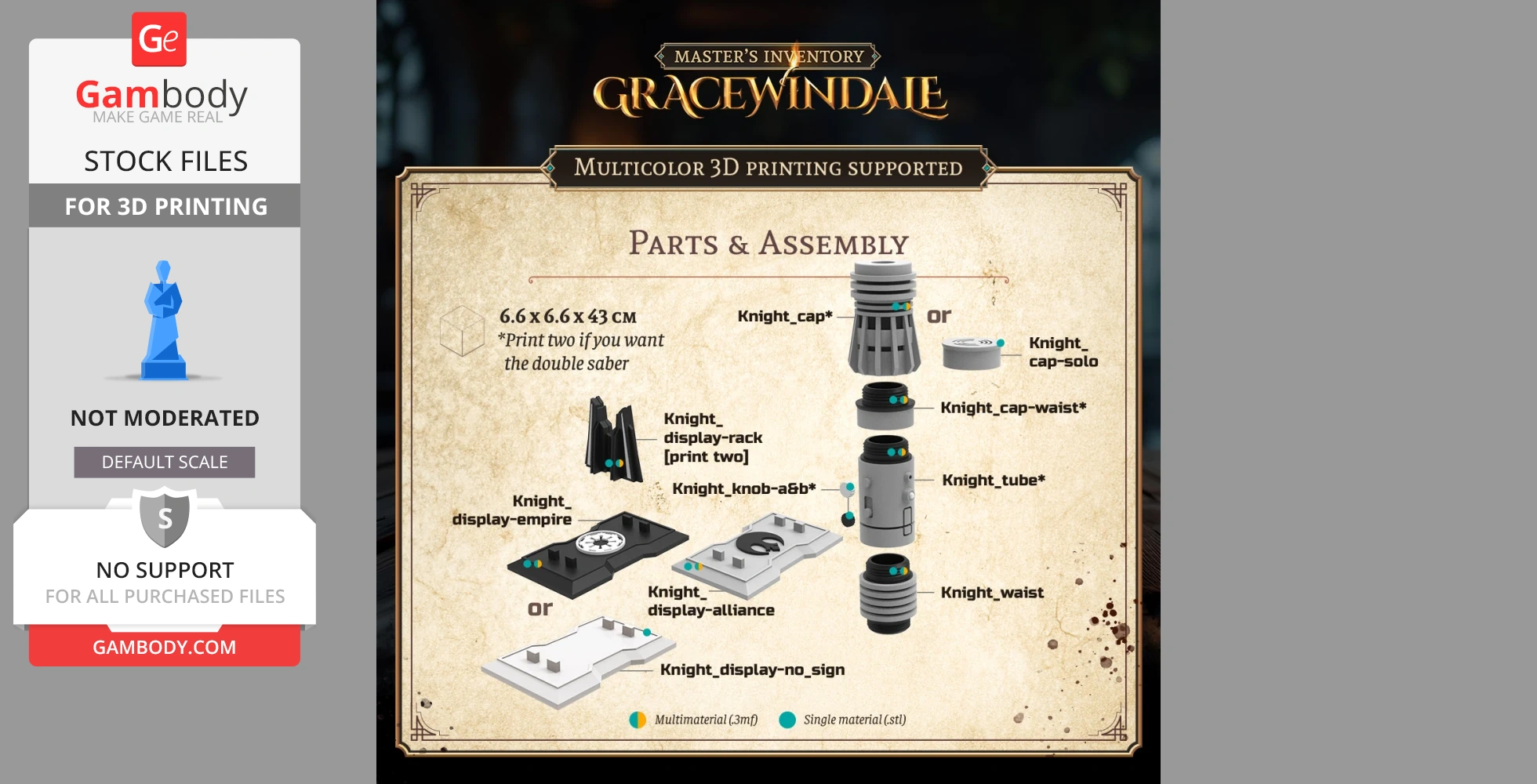 3D model parts for assembling a Knight's Scroll Holder, with detailed labels for printing.