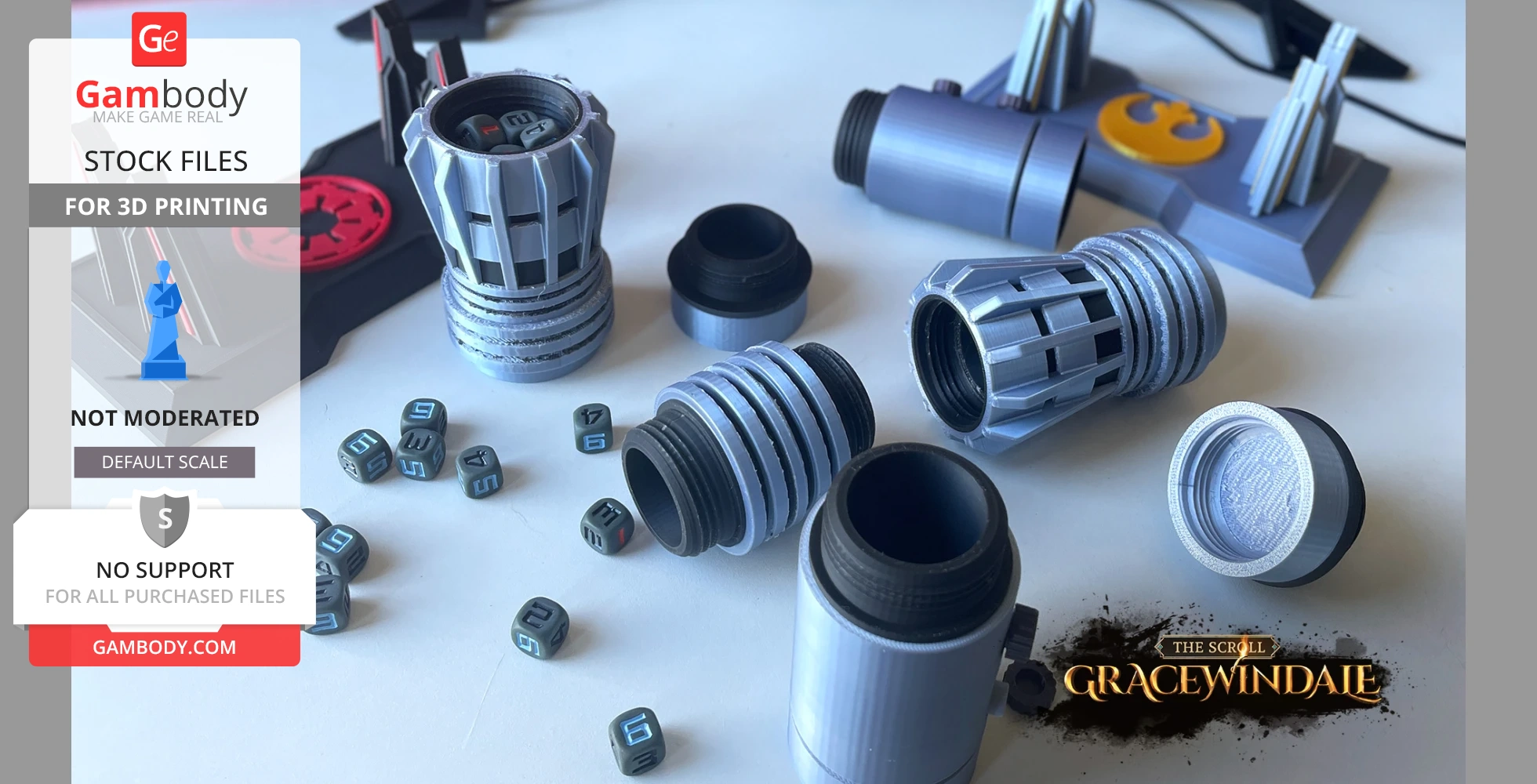 3D-printed futuristic cylindrical containers with gaming dice scattered around.