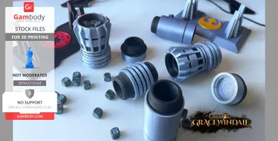 3D-printed futuristic cylindrical containers with gaming dice scattered around.
