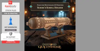Ornate scroll holder with intricate designs, mounted on a wooden stand, ideal for 3D printing.