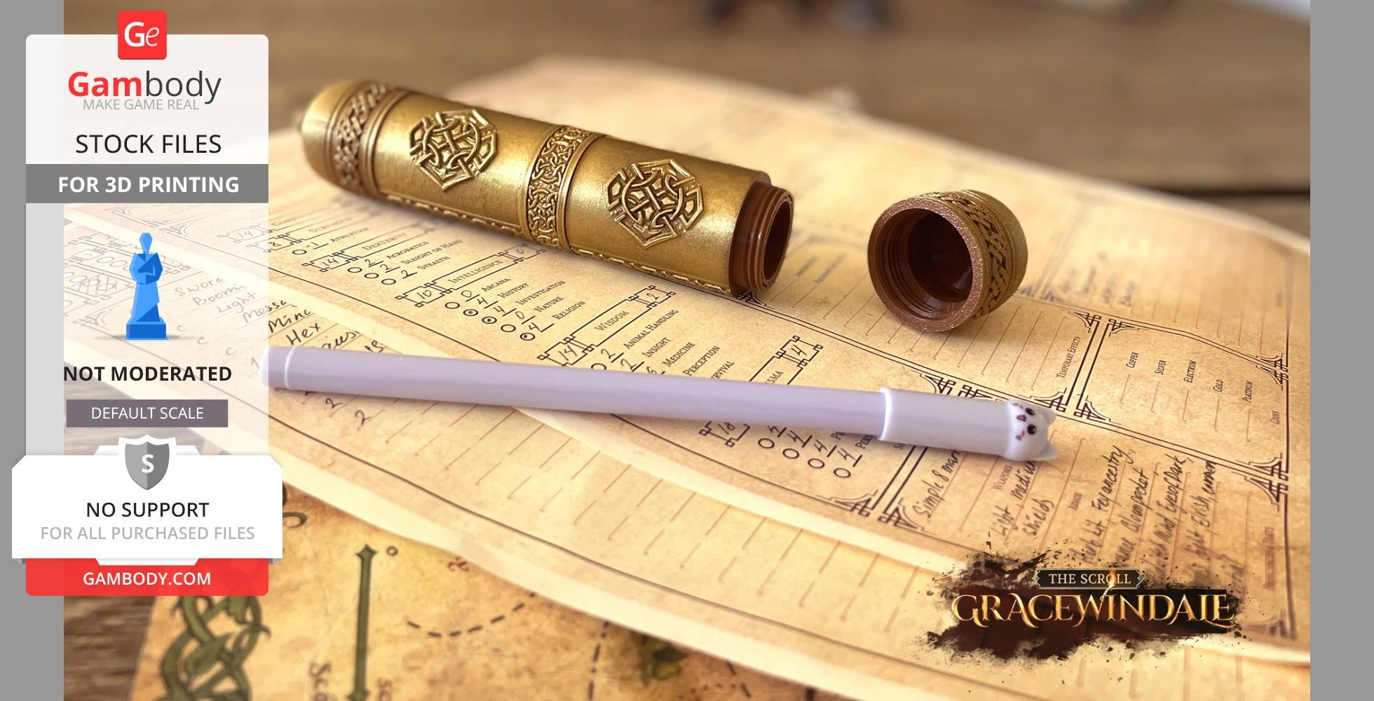 A detailed, decorated gold scroll holder with a scroll and pen on a fantasy map.
