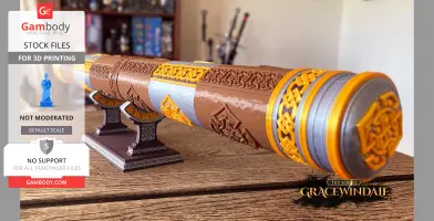 Ornate 3D-printed scroll holder with intricate patterns, in brown, gold, and silver, displayed on a desk.