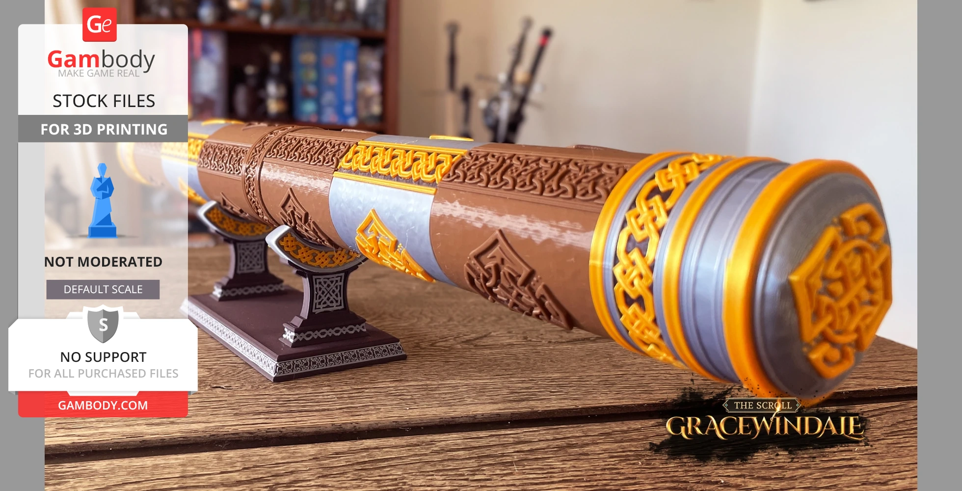 Decorative scroll holder with intricate Celtic patterns, designed for 3D printing, displayed on a wooden surface.