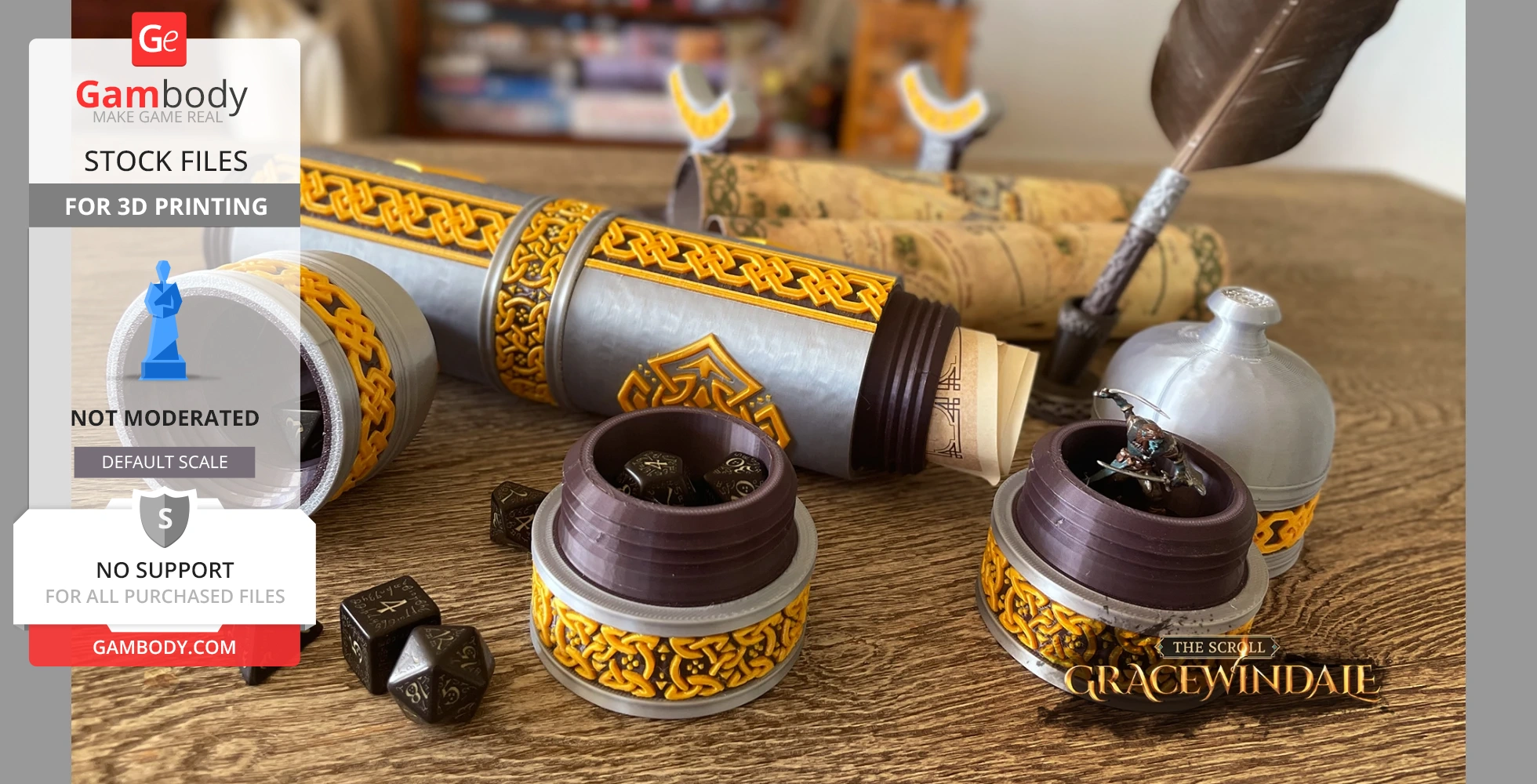 Intricately designed scroll holder with decorative patterns, miniatures, and dice on a wooden surface.