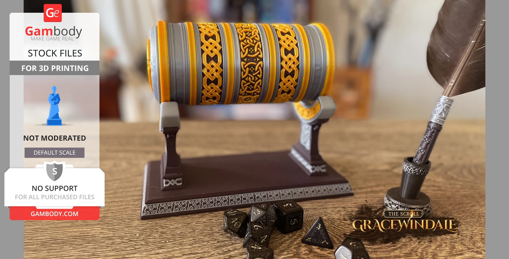 Decorative cylindrical scroll holder with ornate patterns, displayed on a stand with gaming dice.