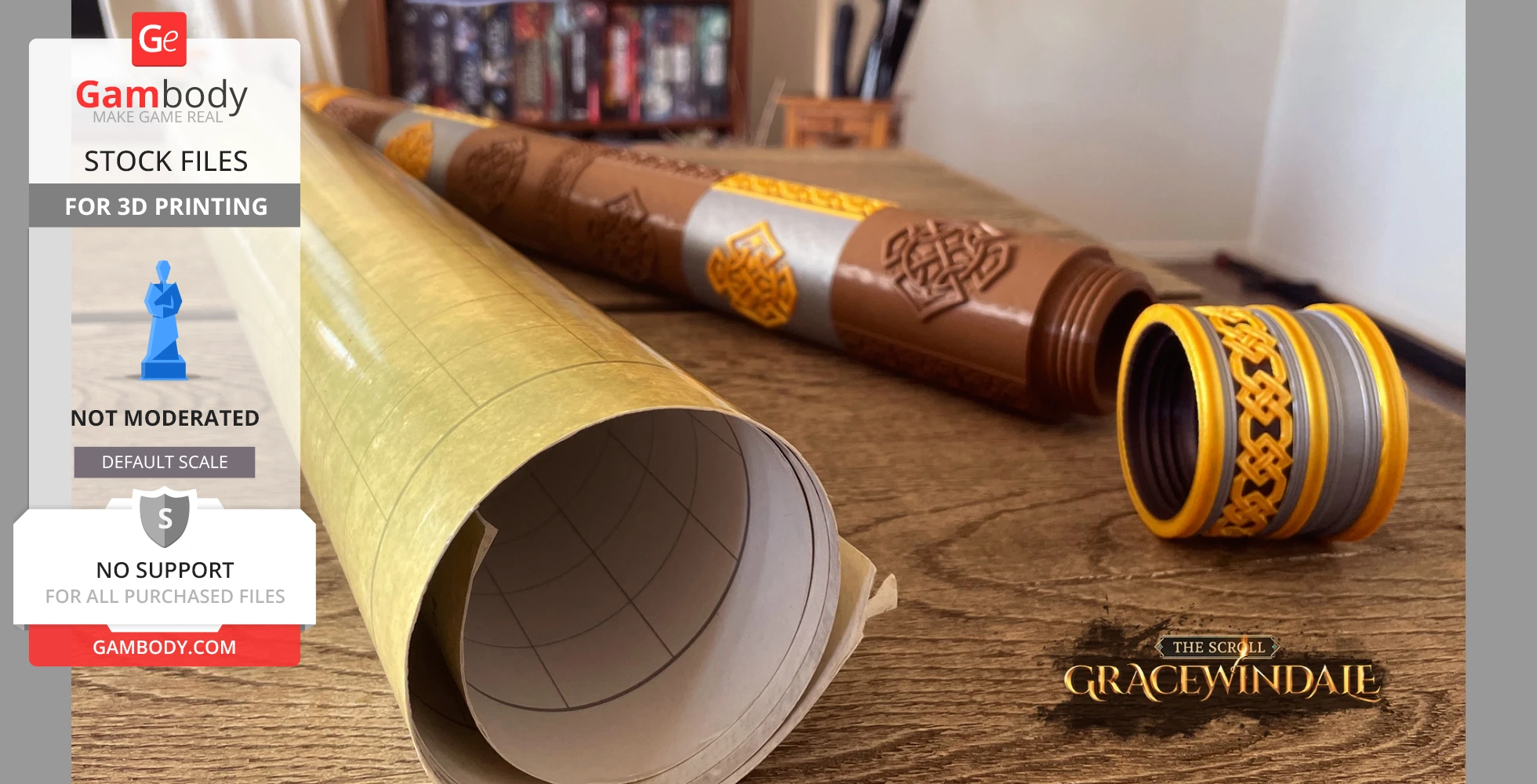 Elaborate scroll holder with intricate patterns, alongside rolled parchment on a wooden surface.