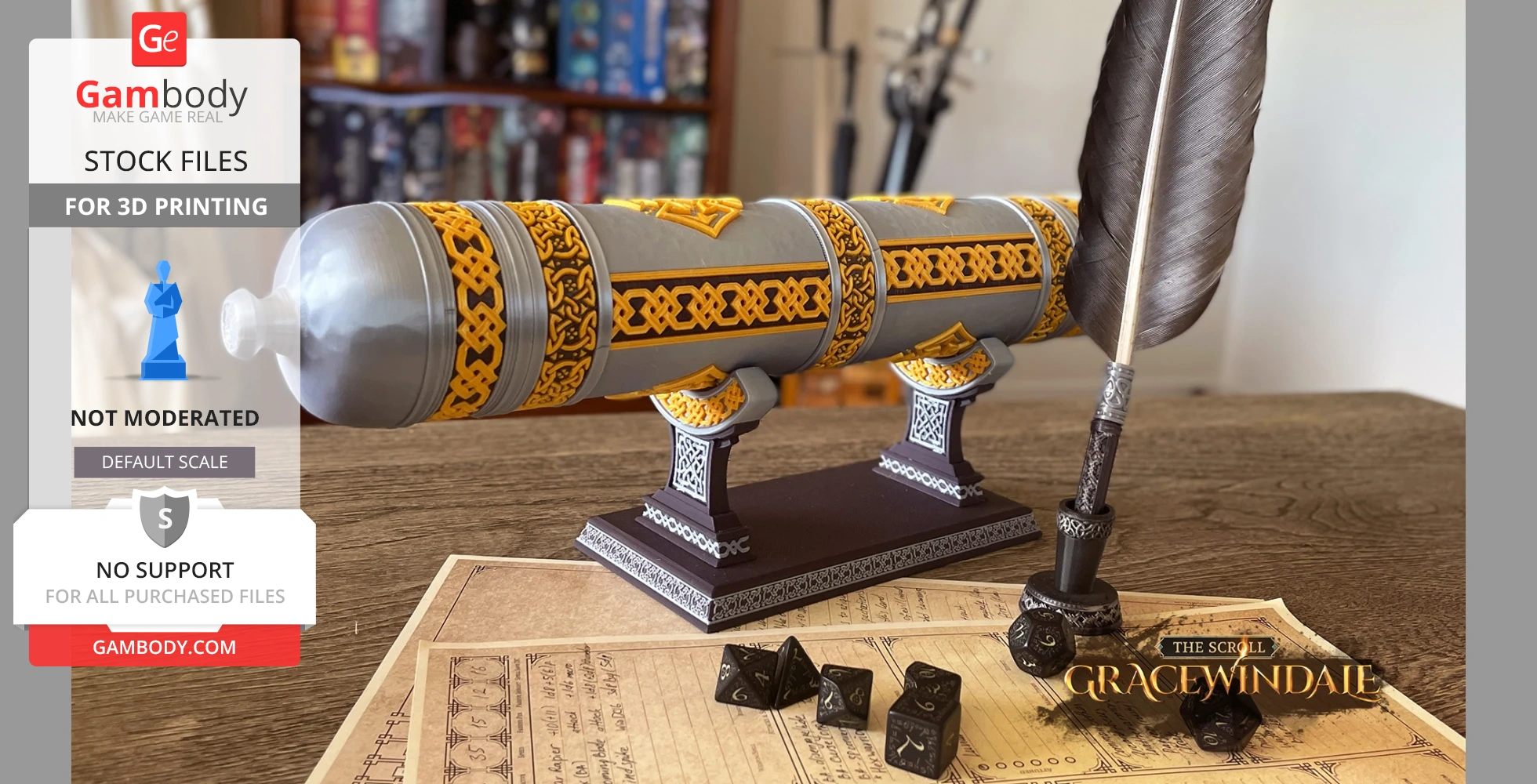 A detailed scroll holder with Celtic designs, displayed with a large quill pen and dice on a table.