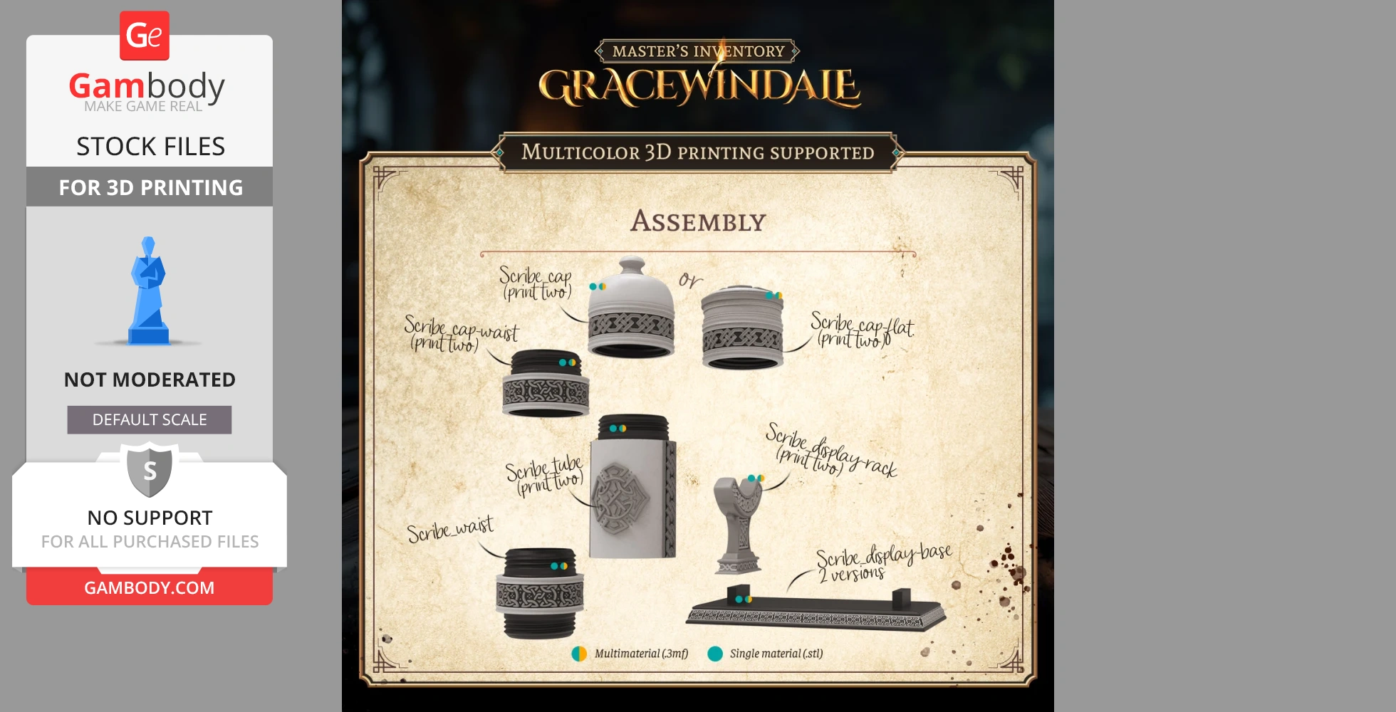 Assembly instructions for a 3D-printed Scribe's Scroll Holder with interchangeable parts.