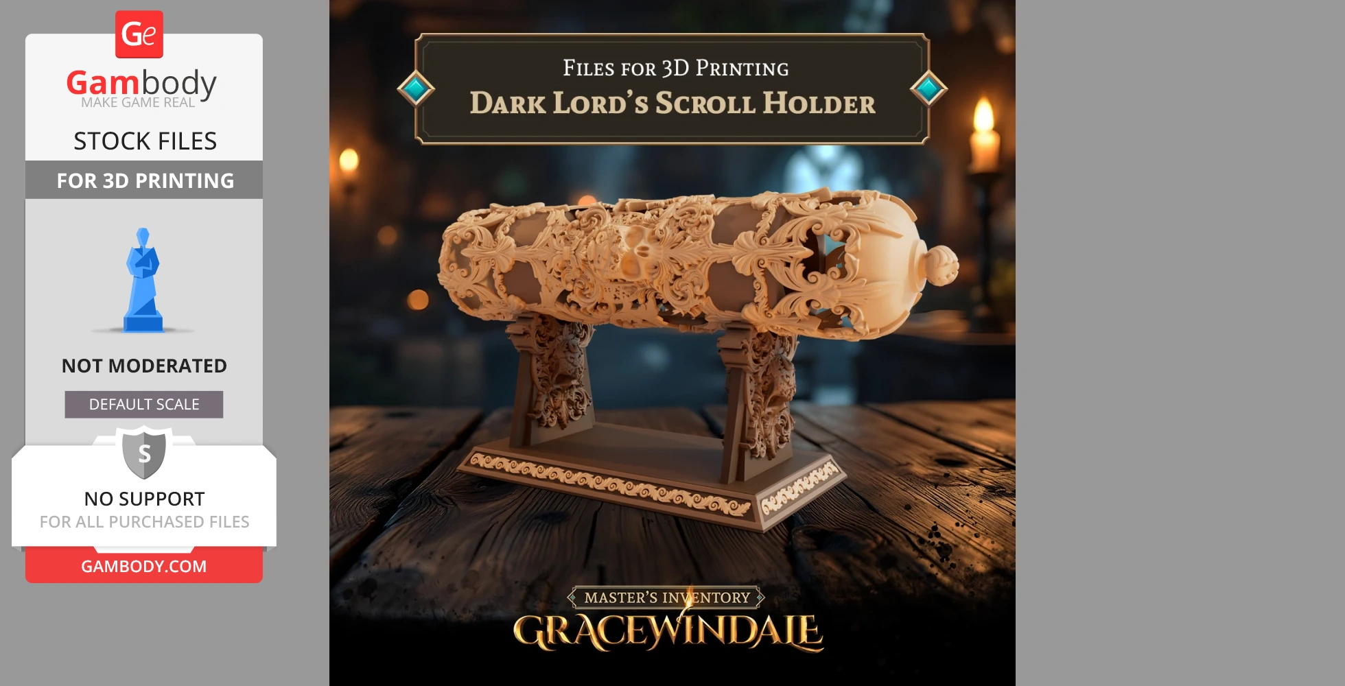 Ornate scroll holder with intricate carvings, designed for 3D printing, displayed on a wooden surface.