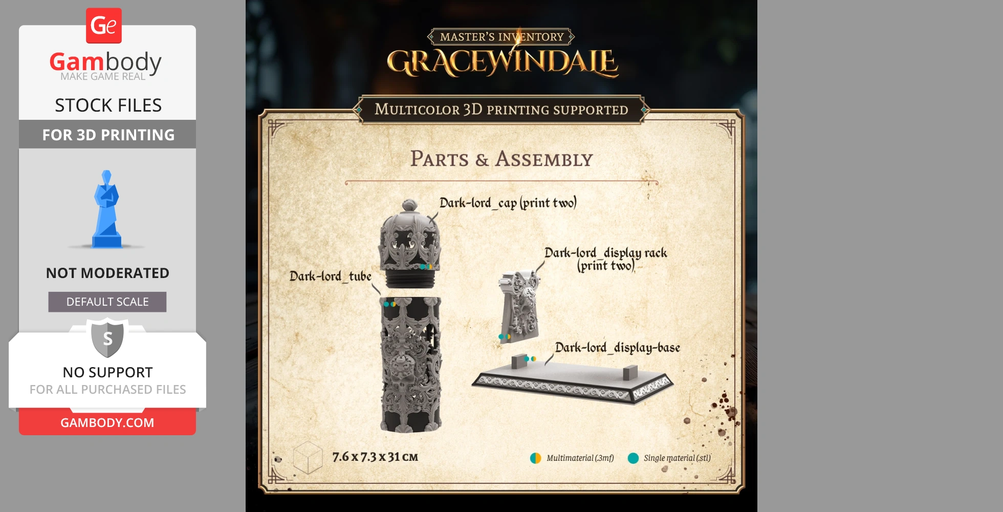 Ornate Dark Lord scroll holder components for 3D printing, including cap, tube, rack, and display base.