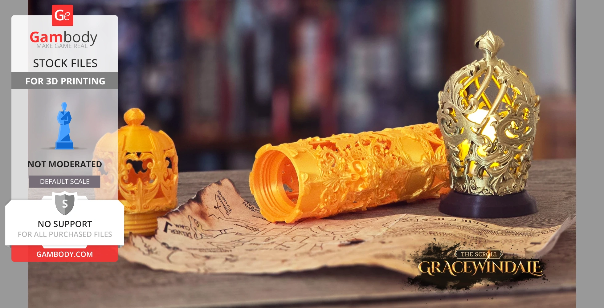 Ornate scroll holder and cap in gold and orange, resting on a parchment map.