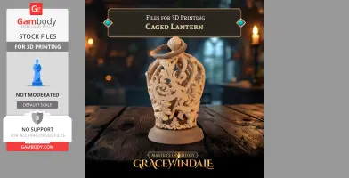 Ornate, intricately designed caged lantern model for 3D printing on a wooden surface.