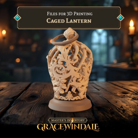 An ornate, intricately carved caged lantern with a circular base, set on a wooden surface.