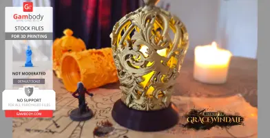 Ornate caged lantern with warm light, mini figure, and candle on a fantasy map background.