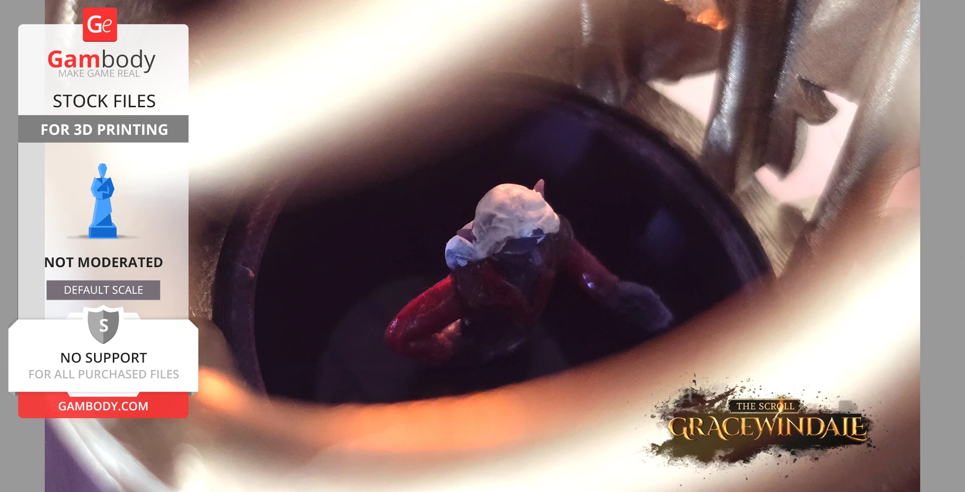 A miniature figure inside a caged lantern with vivid lighting effects.