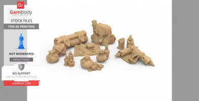 Collection of 3D adventurer gear: backpack, scrolls, coins, and bags for printing.